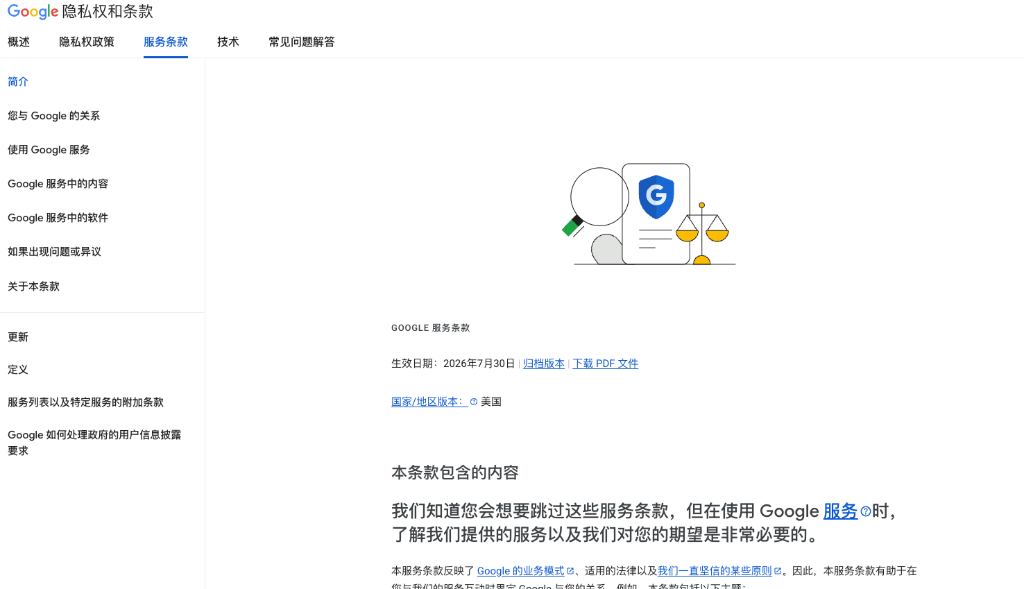 真实网页 2：Google 服务条款与国家/地区版本